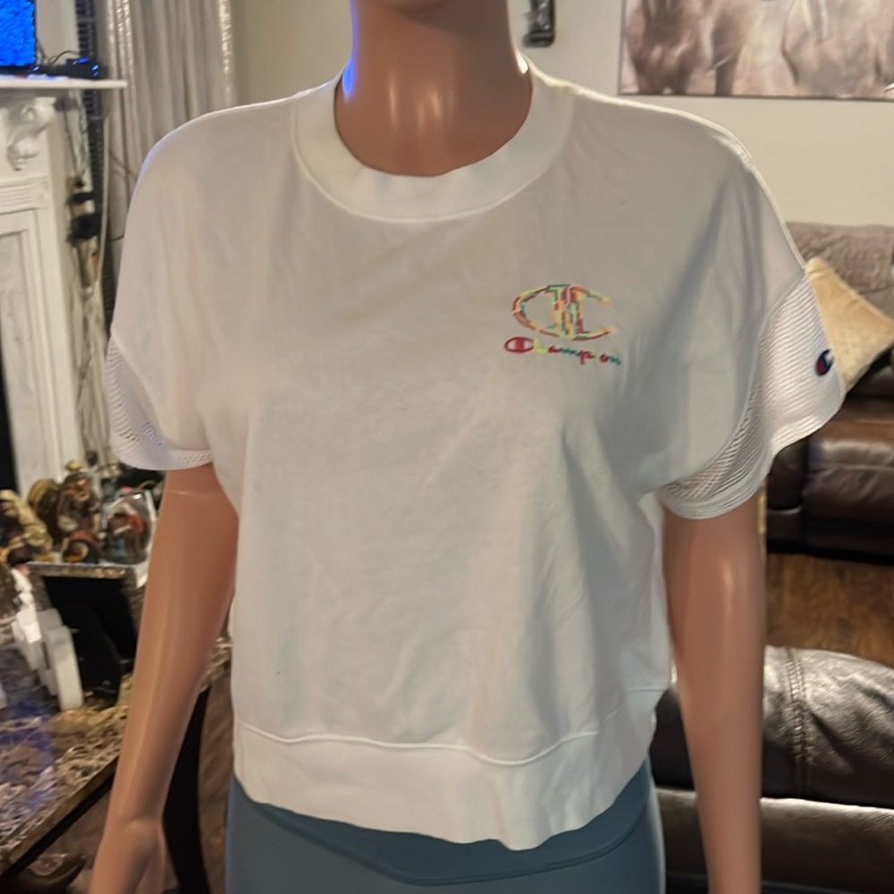 Champion White Cropped Tee with Rainbow Logo